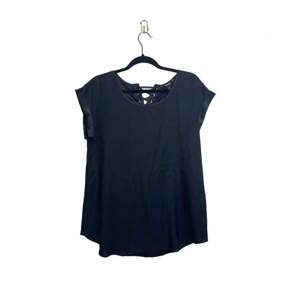 Express Black Satin Lace Up Back Cap Sleeve Blouse Large Women’s - Picture 1 of 11